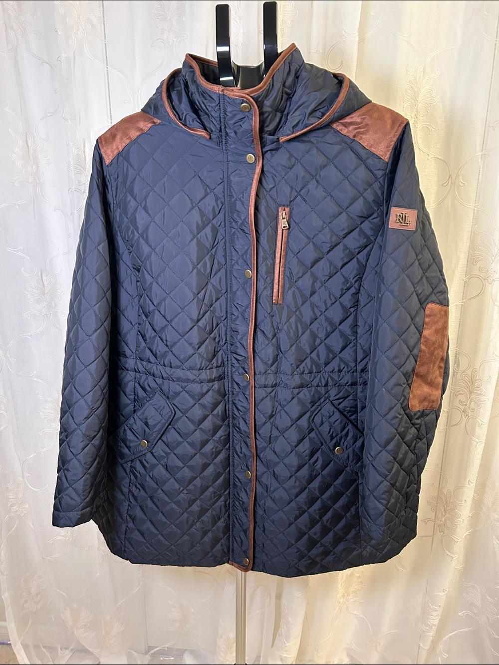 NWOT Lauren Ralph Lauren Quilted Hooded Anorak Coat Navy Blue Faux Suede Trim 2X